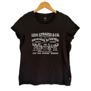 Levis Womens Two Horse Brand Graphic T-Shirt Black Short Sleeve Cotton L 32223